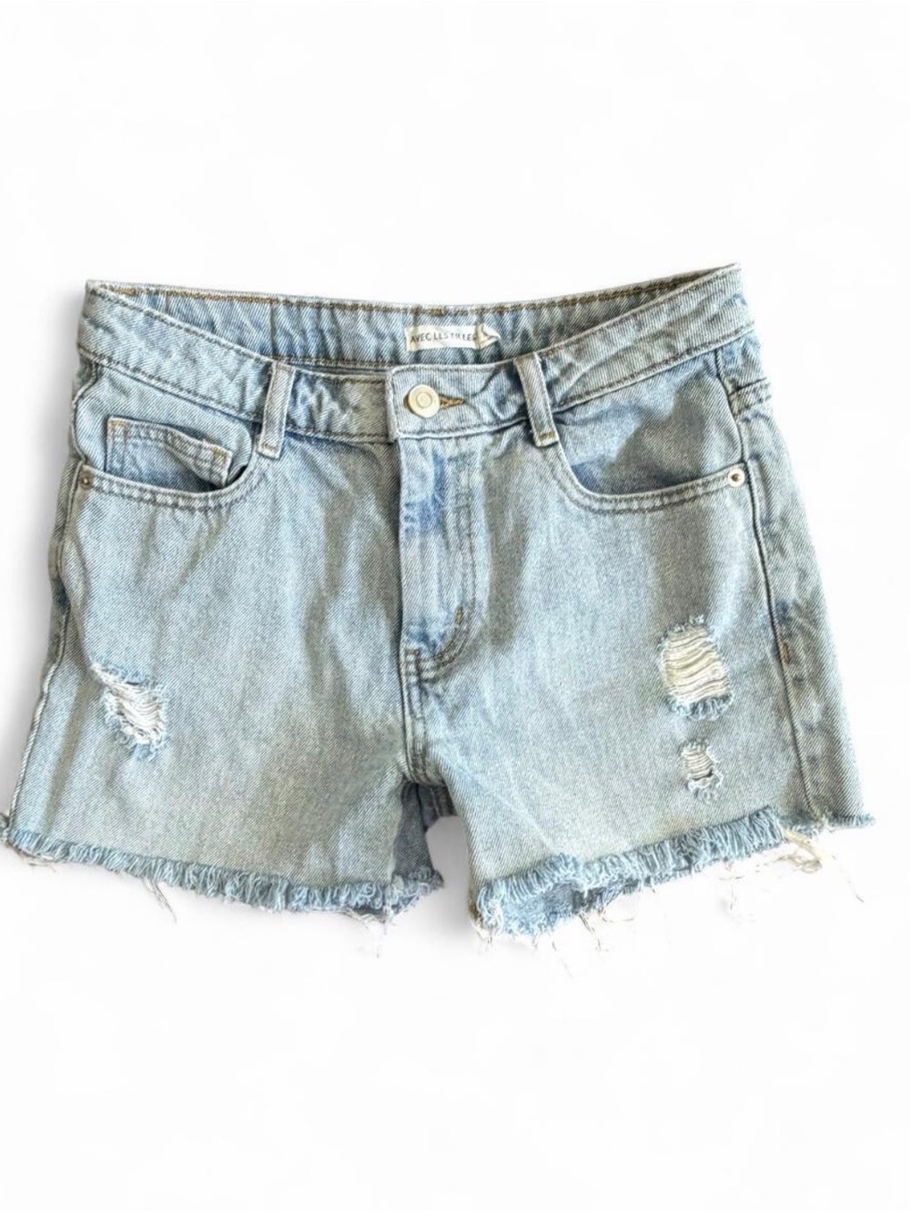 Avec Les Filles Light Blue Distressed Denim Cutoff Shorts